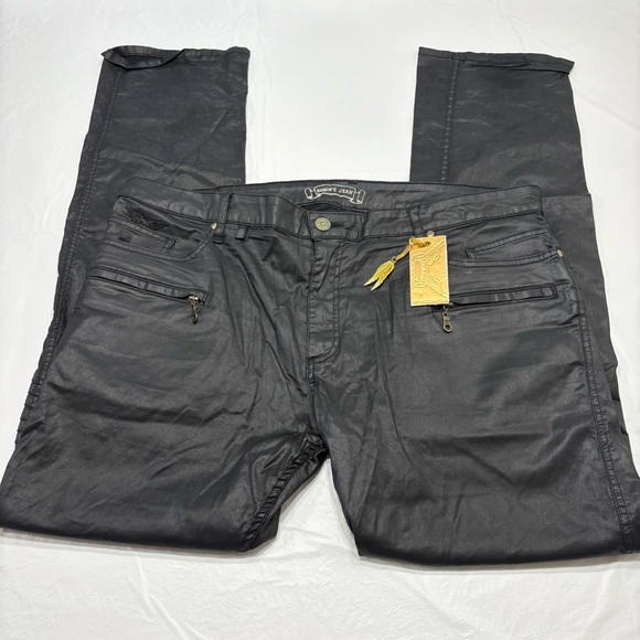 Robin’s Jeans Black Coated Moto Biker Jeans Slim Straight Mens 42 New (44x36)